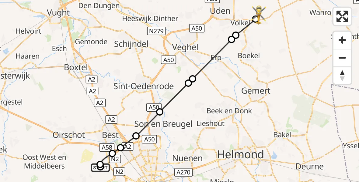 Vluchtroute Traumahelikopter Eindhoven Airport - Vliegbasis Volkel, 05 september 2026, 22:11