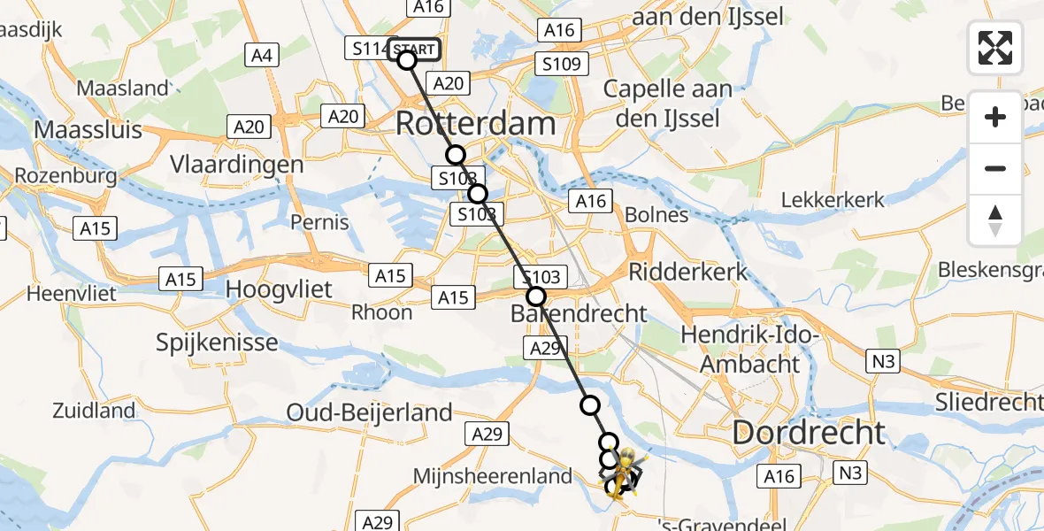Vluchtroute Traumahelikopter Rotterdam The Hague Airport - Puttershoek, 06 september 2026, 00:30