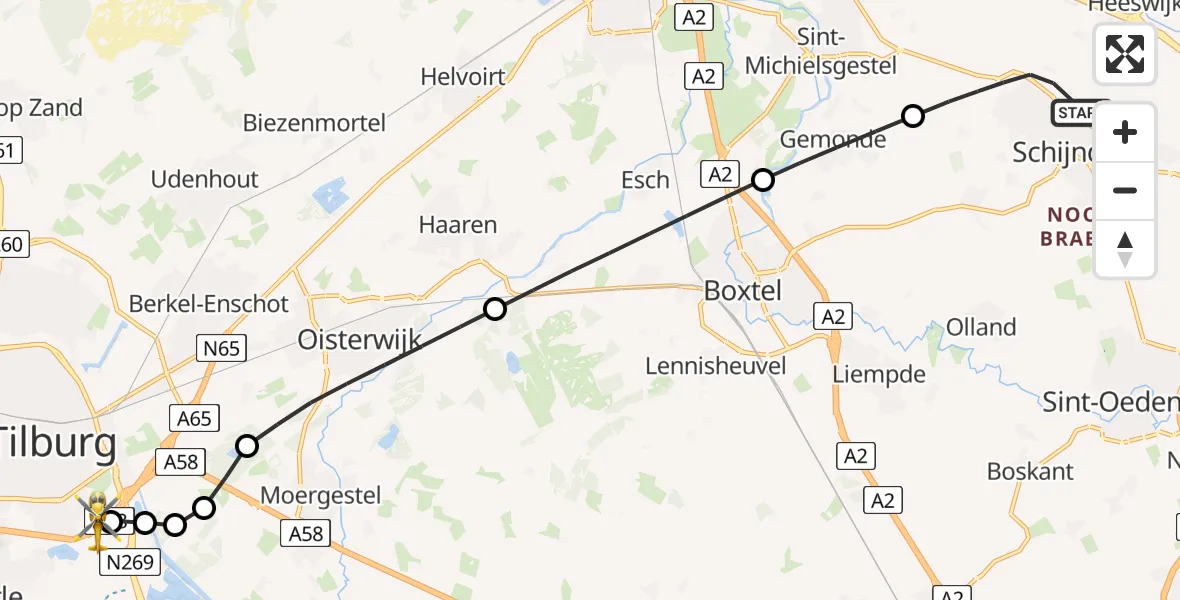 Vluchtroute Traumahelikopter Schijndel - St. Elisabeth Hospital Heliport, 06 september 2026, 01:10