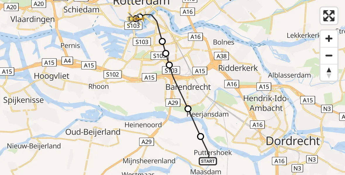 Vluchtroute Traumahelikopter Puttershoek - Erasmus MC, 06 september 2026, 01:16