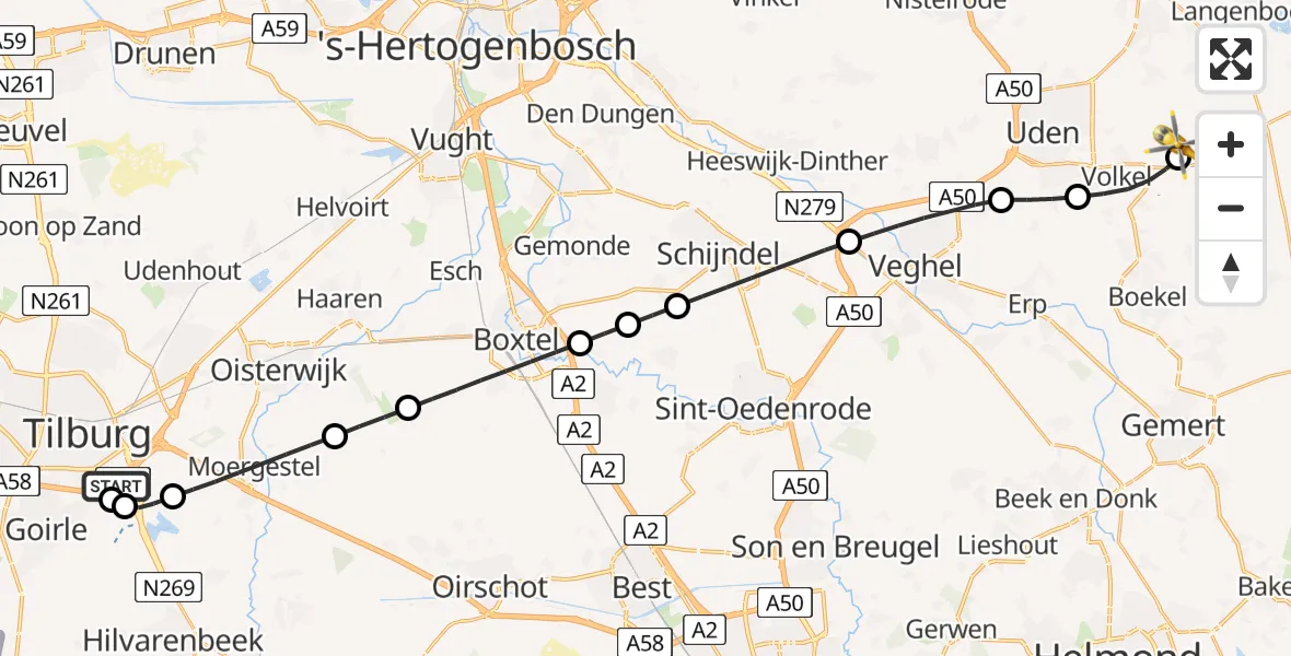 Vluchtroute Traumahelikopter St. Elisabeth Hospital Heliport - Vliegbasis Volkel, 06 september 2026, 01:41