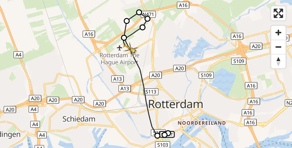 Vluchtroute Traumahelikopter Erasmus MC - Rotterdam The Hague Airport, 06 september 2026, 01:45