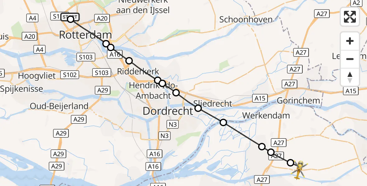Vluchtroute Traumahelikopter Rotterdam The Hague Airport - Dussen, 06 september 2026, 07:19