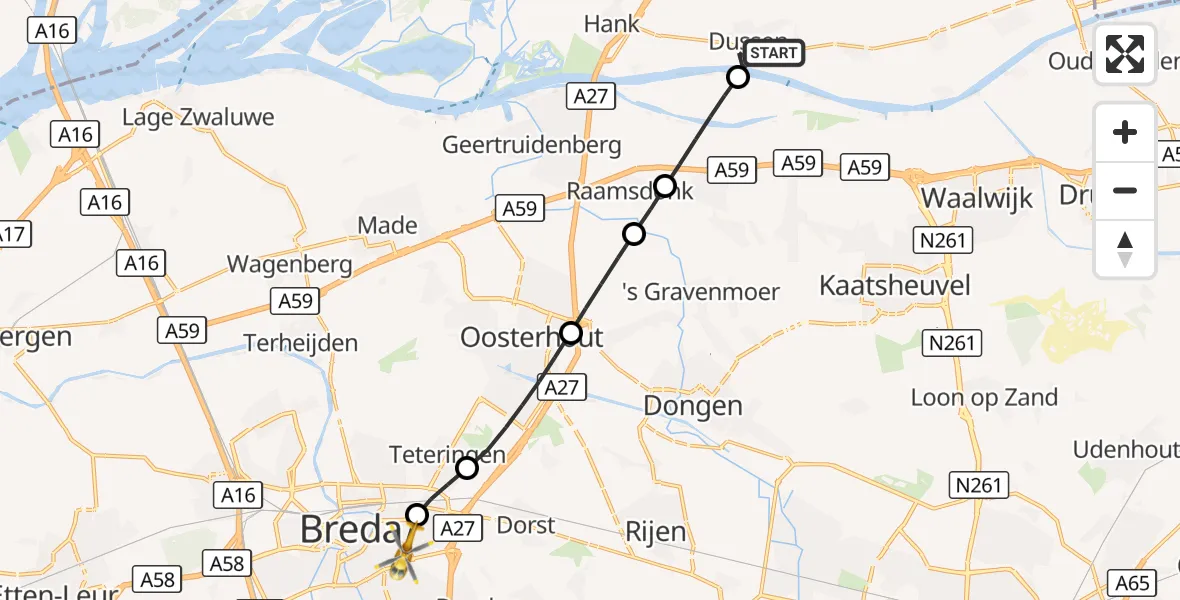 Vluchtroute Traumahelikopter Dussen - Breda, 06 september 2026, 08:09