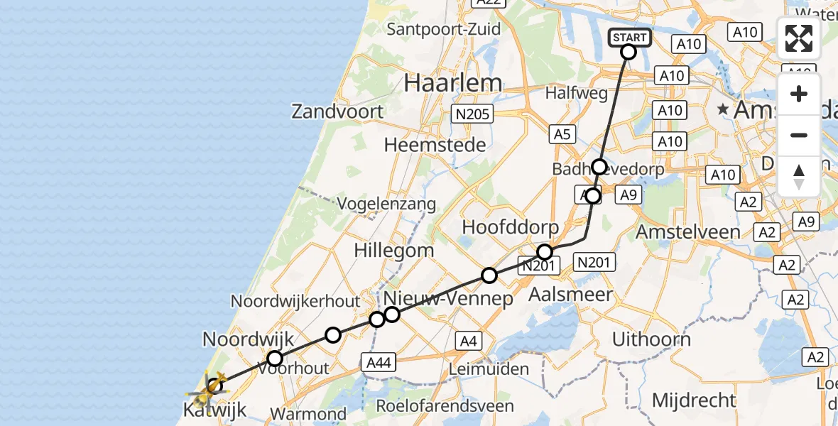 Vluchtroute Traumahelikopter Amsterdam Heliport - Katwijk, 06 september 2026, 08:31