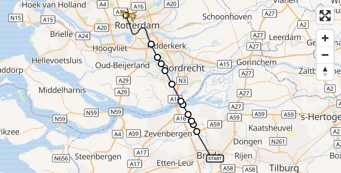 Vluchtroute Traumahelikopter Breda - Rotterdam The Hague Airport, 06 september 2026, 08:38