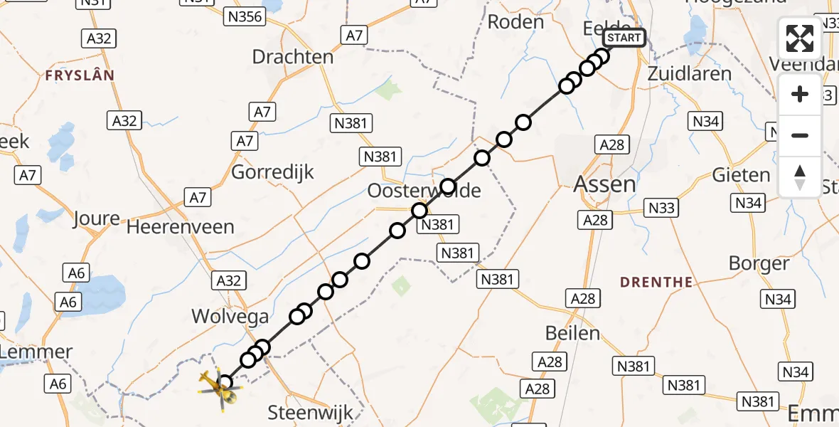 Vluchtroute Traumahelikopter Groningen Airport Eelde - Paasloo, 06 september 2026, 09:14