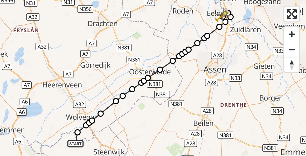 Vluchtroute Traumahelikopter Paasloo - Groningen Airport Eelde, 06 september 2026, 09:56
