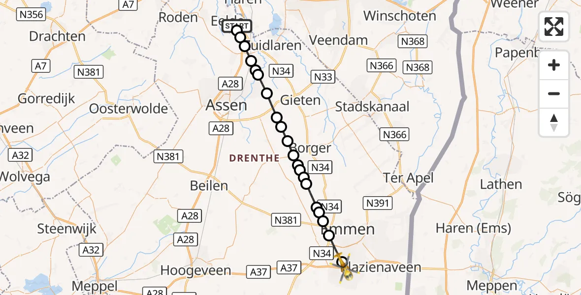 Vluchtroute Traumahelikopter Groningen Airport Eelde - Nieuw-Amsterdam, 06 september 2026, 11:05