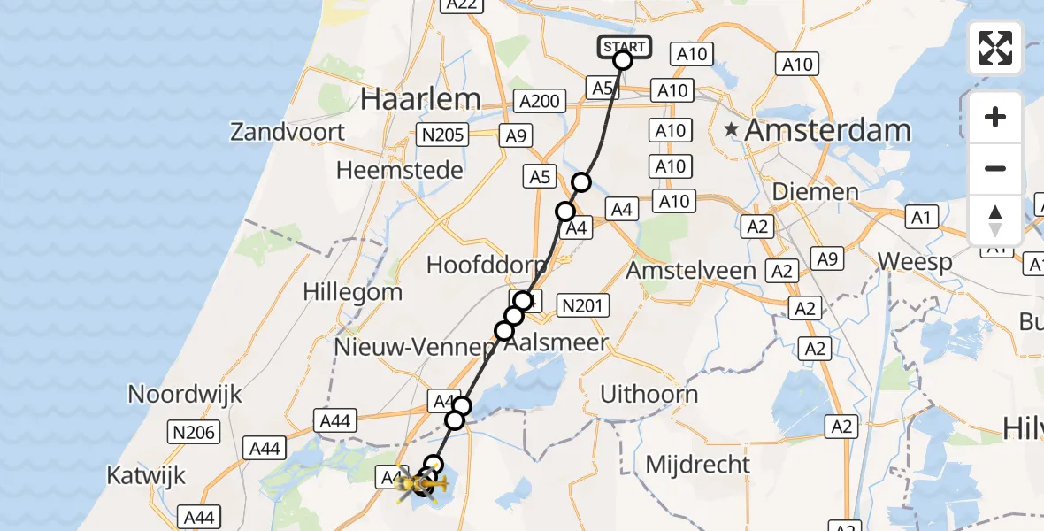 Vluchtroute Traumahelikopter Amsterdam Heliport - Roelofarendsveen, 06 september 2026, 11:32