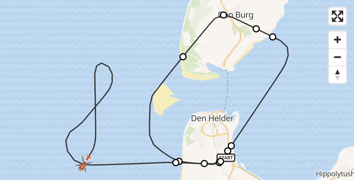 Vluchtroute Kustwachthelikopter Militair vliegveld De Kooy / Den Helder Airport - Noordzee, 06 september 2026, 14:08