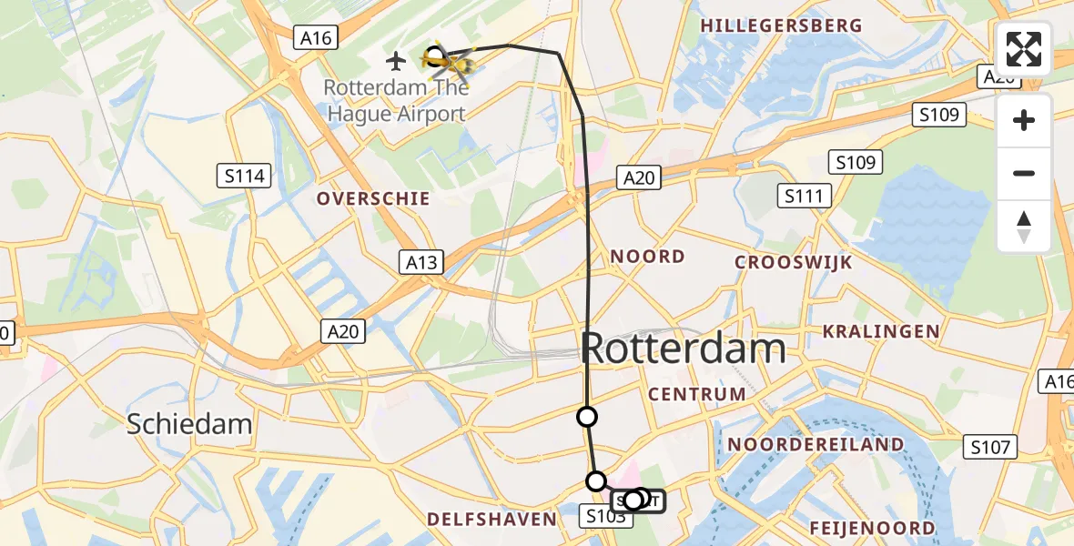 Vluchtroute Traumahelikopter Erasmus MC - Rotterdam The Hague Airport, 06 september 2026, 14:51