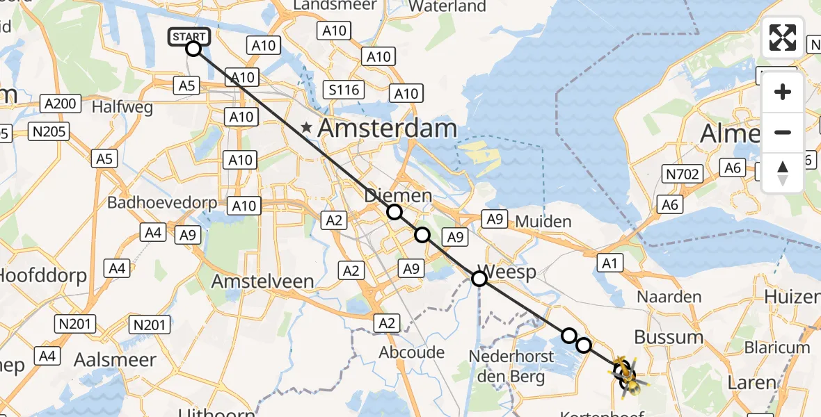 Vluchtroute Traumahelikopter Amsterdam Heliport - 's-Graveland, 06 september 2026, 19:50