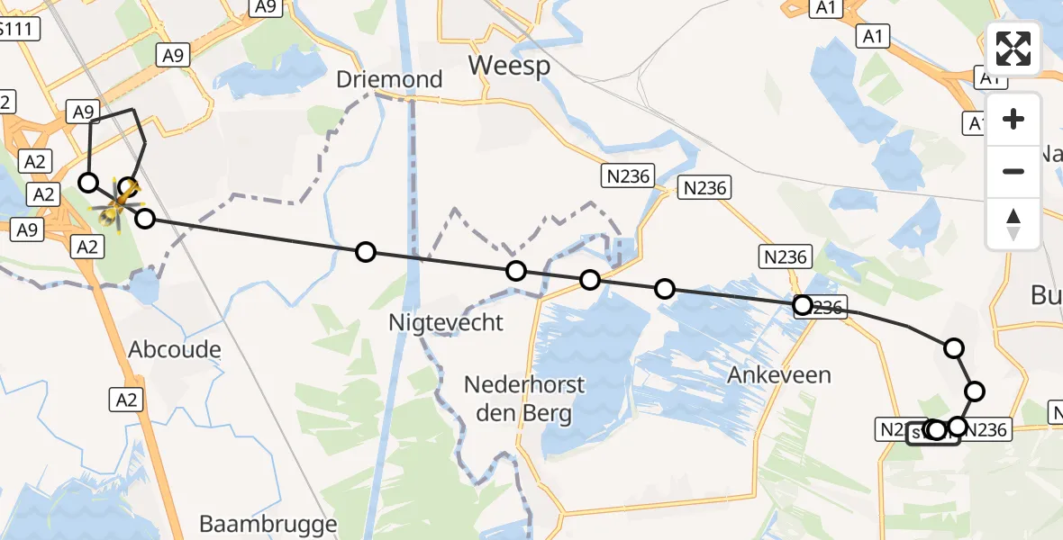 Vluchtroute Traumahelikopter 's-Graveland - Amsterdam UMC Helipad, 06 september 2026, 20:30
