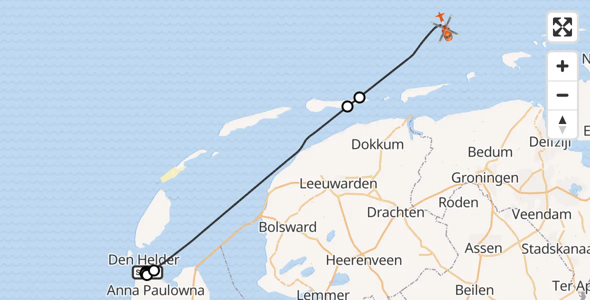 Vluchtroute Kustwachthelikopter Militair vliegveld De Kooy / Den Helder Airport - Noordzee, 07 september 2026, 09:44