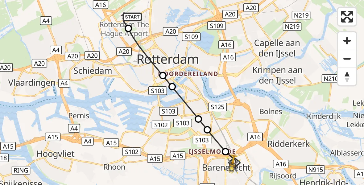 Vluchtroute Traumahelikopter Rotterdam The Hague Airport - Barendrecht, 07 september 2026, 10:05