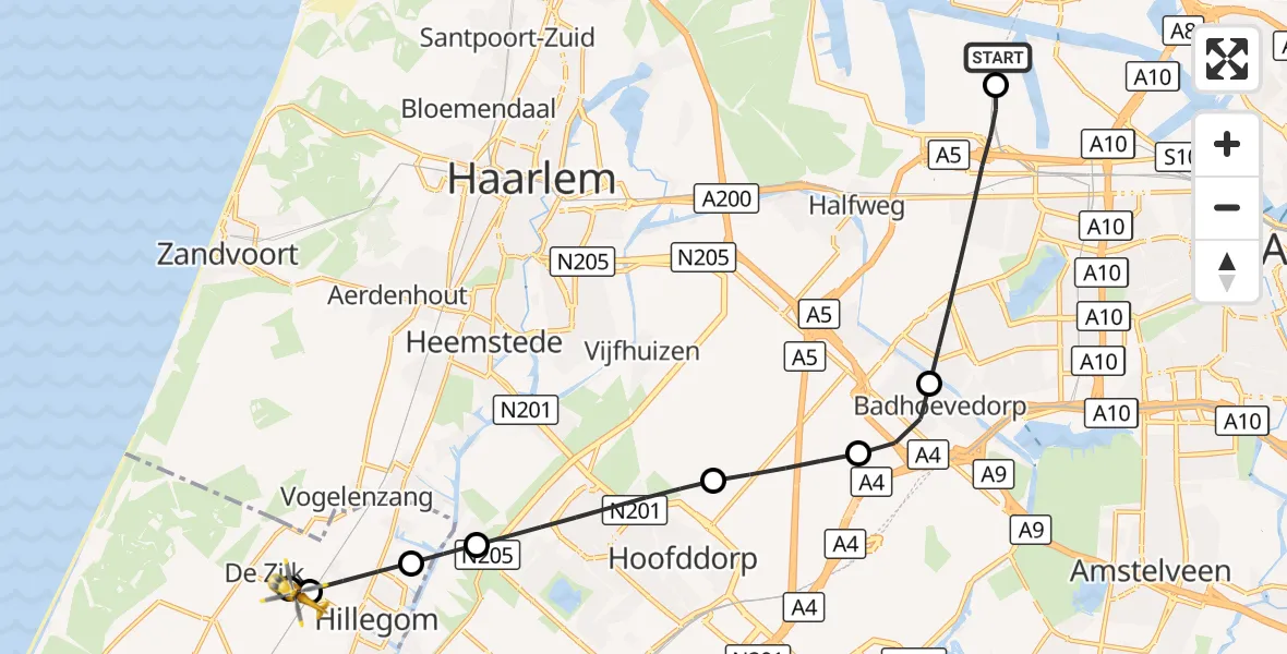 Vluchtroute Traumahelikopter Amsterdam Heliport - Hillegom, 07 september 2026, 11:10