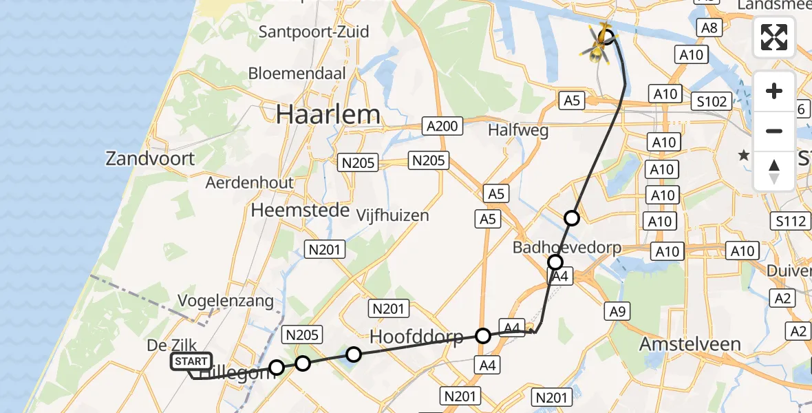 Vluchtroute Traumahelikopter Hillegom - Amsterdam Heliport, 07 september 2026, 12:05
