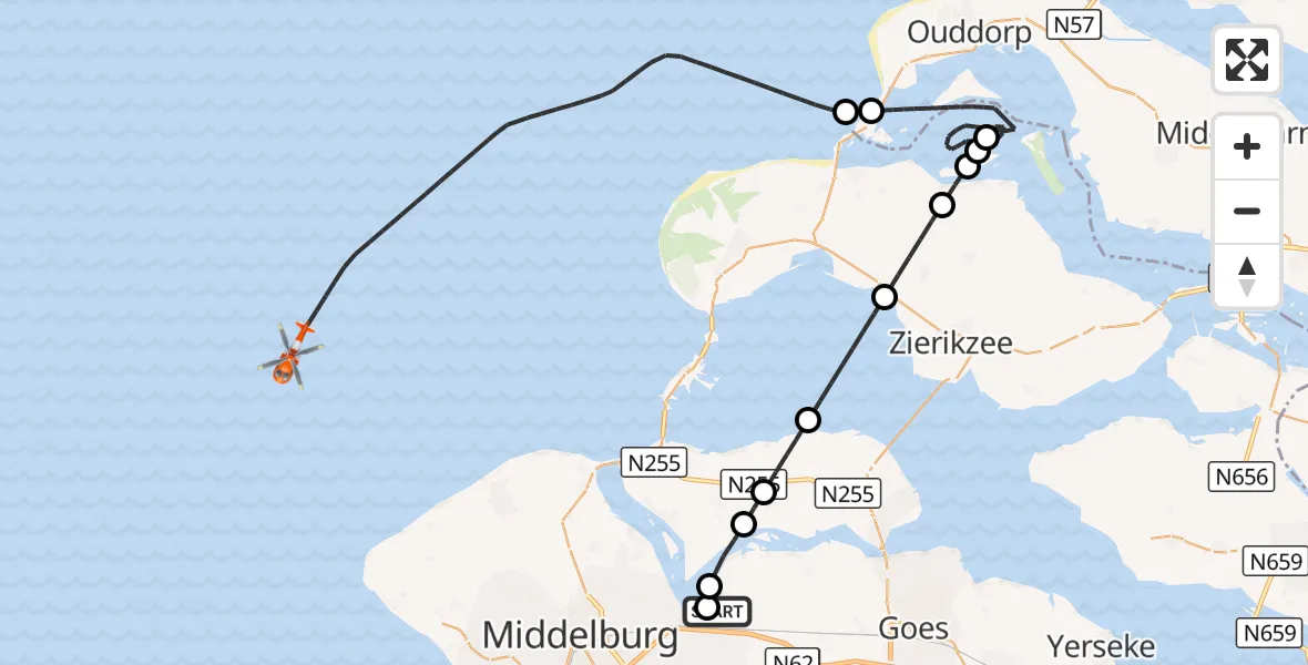 Vluchtroute Kustwachthelikopter Vliegveld Midden-Zeeland - Noordzee, 07 september 2026, 12:37