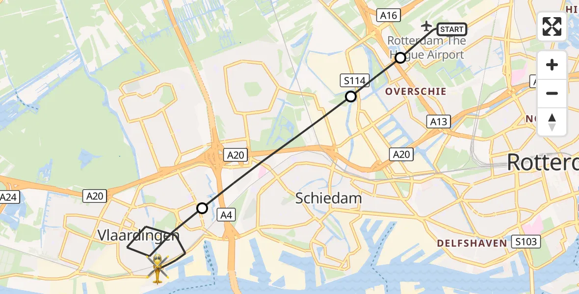 Vluchtroute Traumahelikopter Rotterdam The Hague Airport - Vlaardingen, 07 september 2026, 13:24