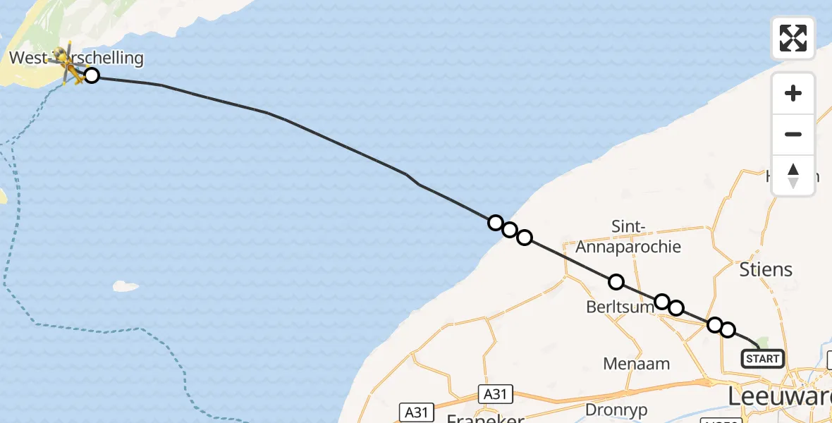 Vluchtroute Ambulancehelikopter Vliegbasis Leeuwarden - West-Terschelling, 07 september 2026, 13:53
