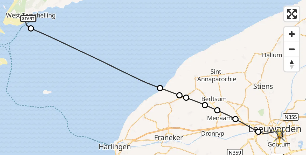 Vluchtroute Ambulancehelikopter West-Terschelling - Leeuwarden Medical Center Heliport, 07 september 2026, 14:20