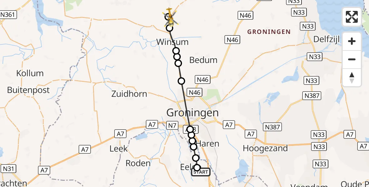 Vluchtroute Traumahelikopter Groningen Airport Eelde - Rasquert, 07 september 2026, 14:47