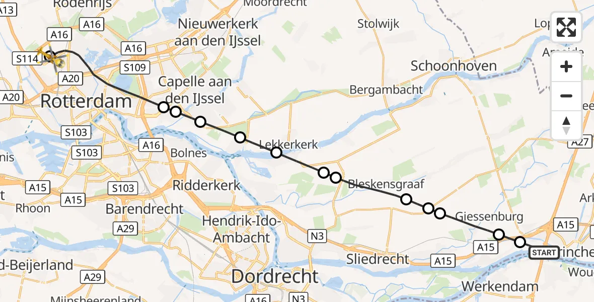 Vluchtroute Traumahelikopter Gorinchem - Rotterdam The Hague Airport, 07 september 2026, 14:58