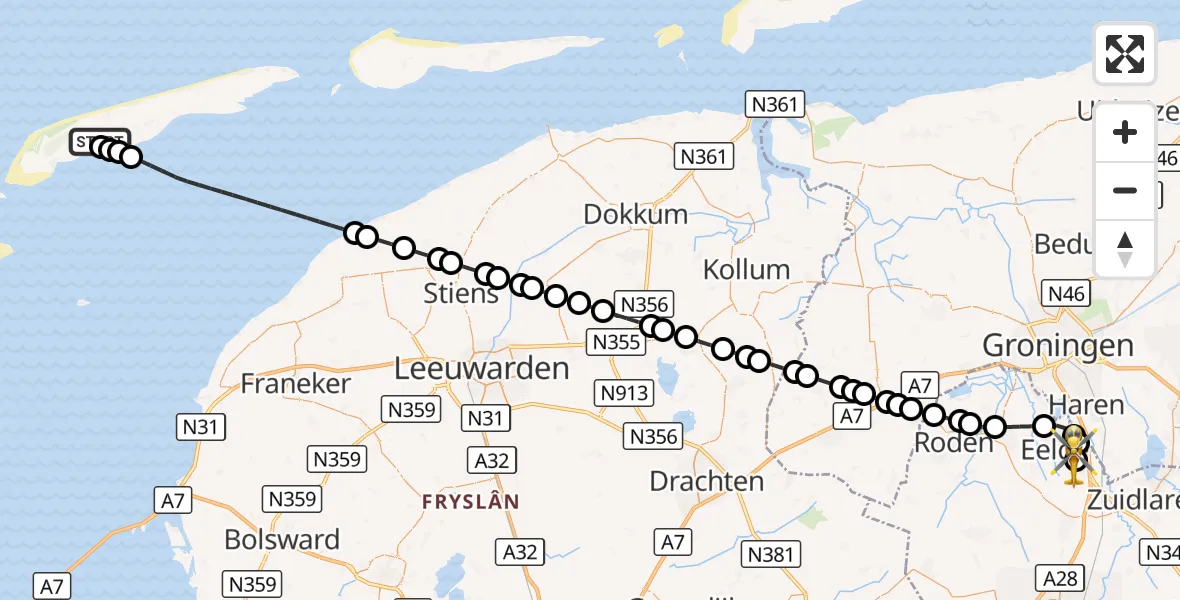 Vluchtroute Ambulancehelikopter Terschelling Heliport - Groningen Airport Eelde, 07 september 2026, 15:27