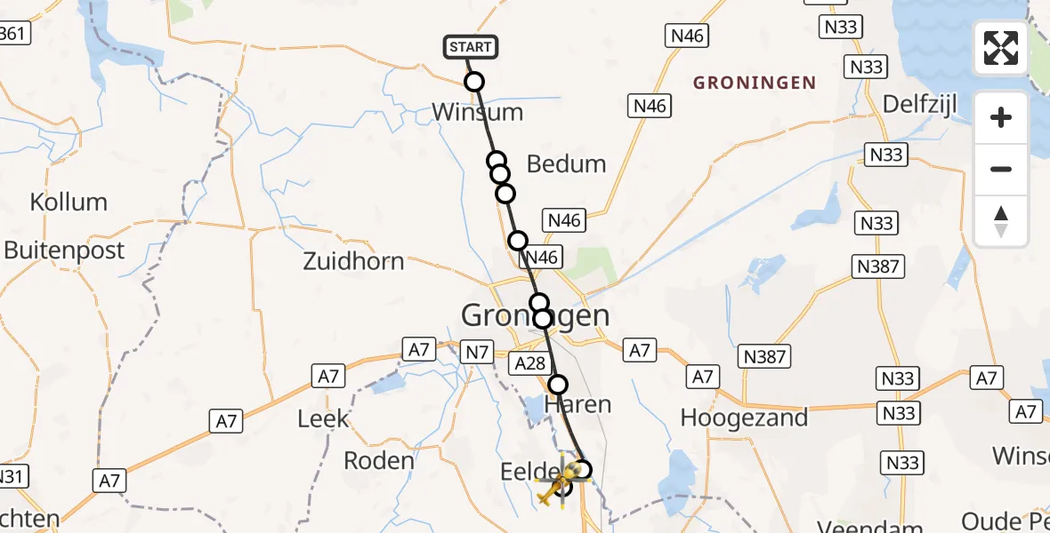 Vluchtroute Traumahelikopter Baflo - Groningen Airport Eelde, 07 september 2026, 15:32