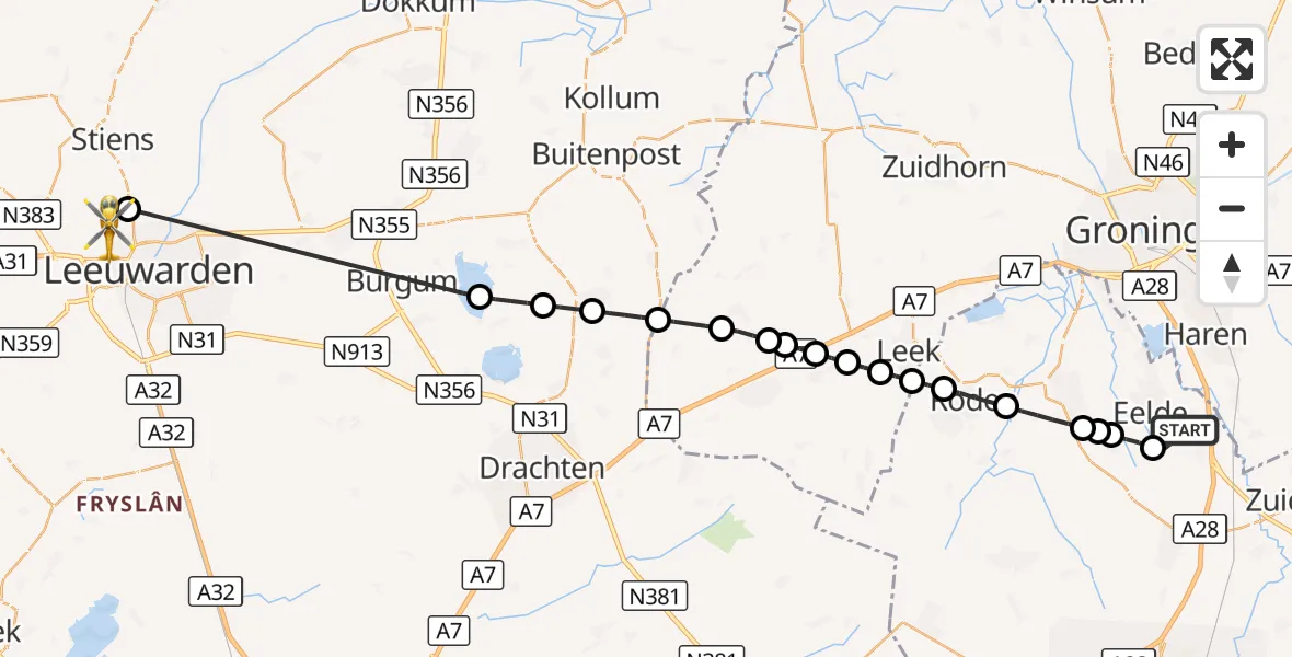 Vluchtroute Ambulancehelikopter Groningen Airport Eelde - Vliegbasis Leeuwarden, 07 september 2026, 16:20