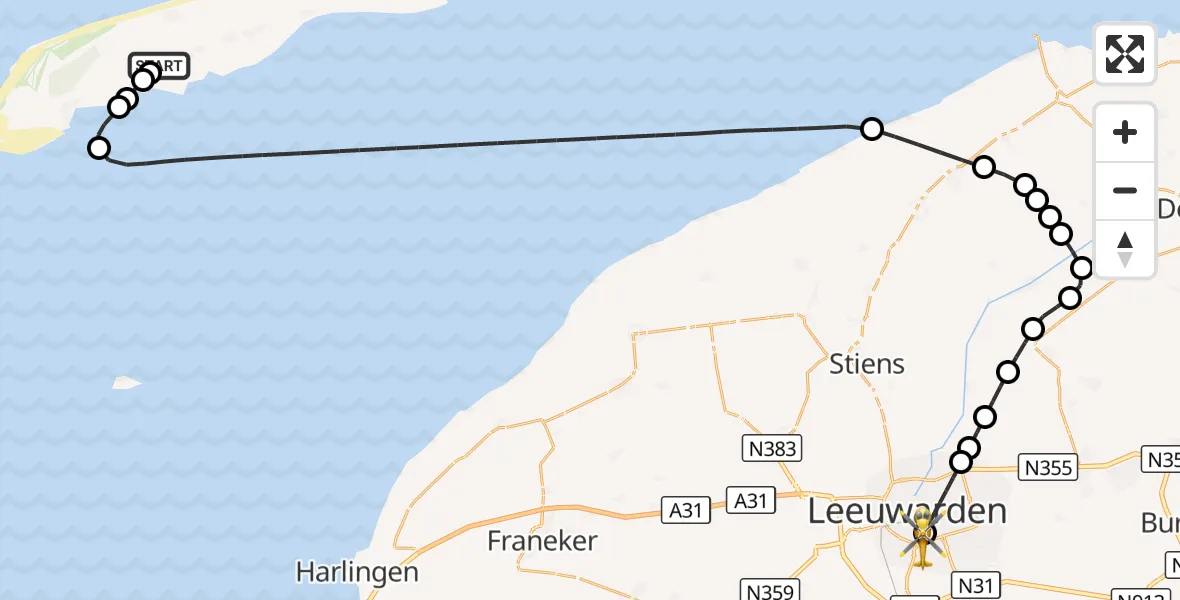 Vluchtroute Ambulancehelikopter Terschelling Heliport - Leeuwarden Medical Center Heliport, 07 september 2026, 22:08