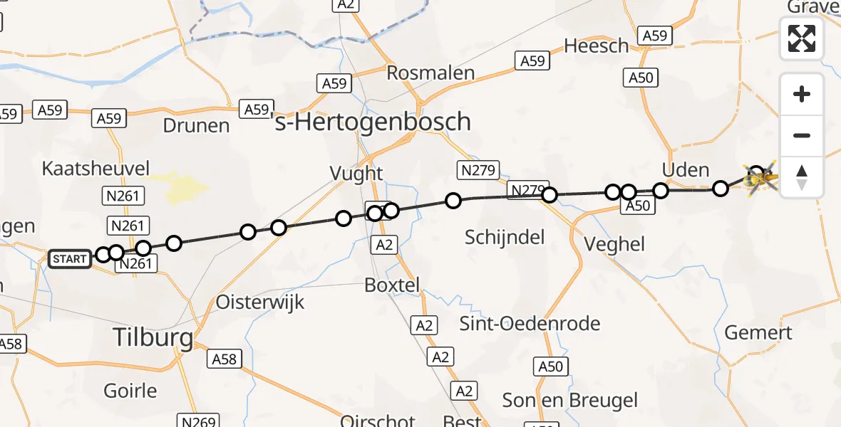 Vluchtroute Traumahelikopter Tilburg - Vliegbasis Volkel, 08 september 2026, 06:35