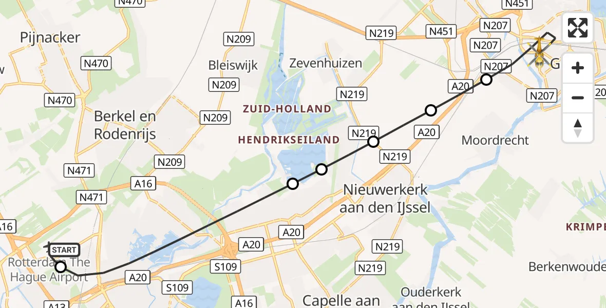 Vluchtroute Traumahelikopter Rotterdam The Hague Airport - Gouda, 08 september 2026, 06:52