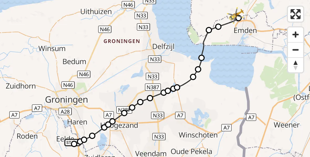 Vluchtroute Traumahelikopter Groningen Airport Eelde - Hinte, 08 september 2026, 12:20