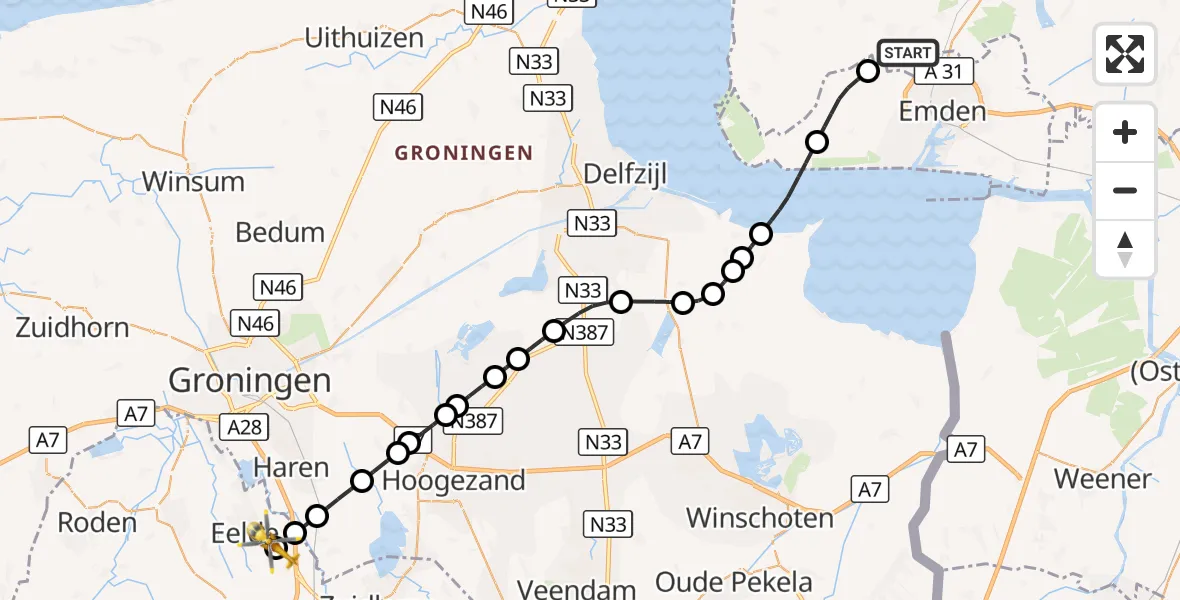 Vluchtroute Traumahelikopter Hinte - Groningen Airport Eelde, 08 september 2026, 13:18
