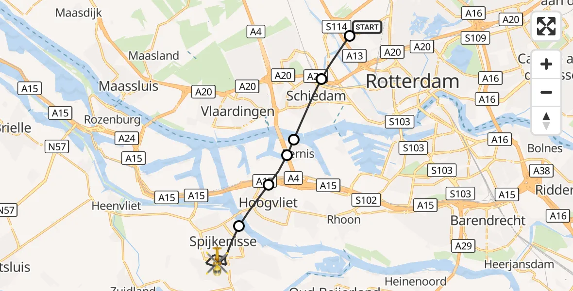 Vluchtroute Traumahelikopter Rotterdam The Hague Airport - Spijkenisse, 08 september 2026, 14:23