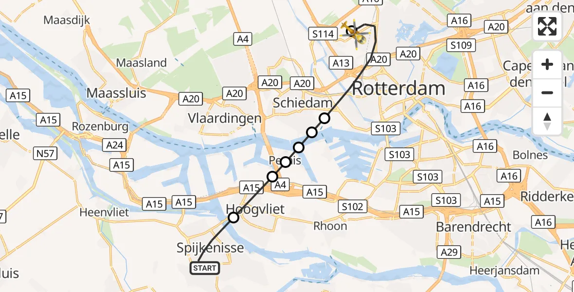 Vluchtroute Traumahelikopter Spijkenisse - Rotterdam The Hague Airport, 08 september 2026, 14:48