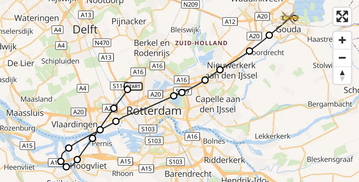 Vluchtroute Traumahelikopter Rotterdam The Hague Airport - Gouda, 08 september 2026, 19:41