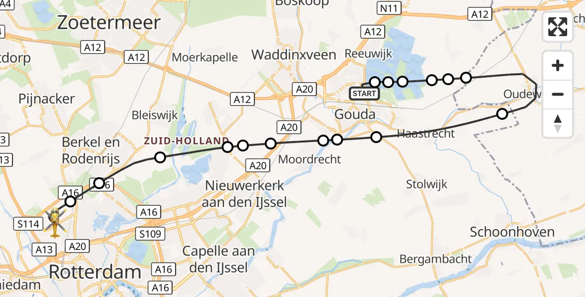 Vluchtroute Traumahelikopter Gouda - Rotterdam The Hague Airport, 08 september 2026, 20:31