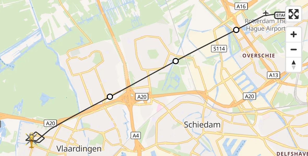 Vluchtroute Traumahelikopter Rotterdam The Hague Airport - Vlaardingen, 09 september 2026, 06:05