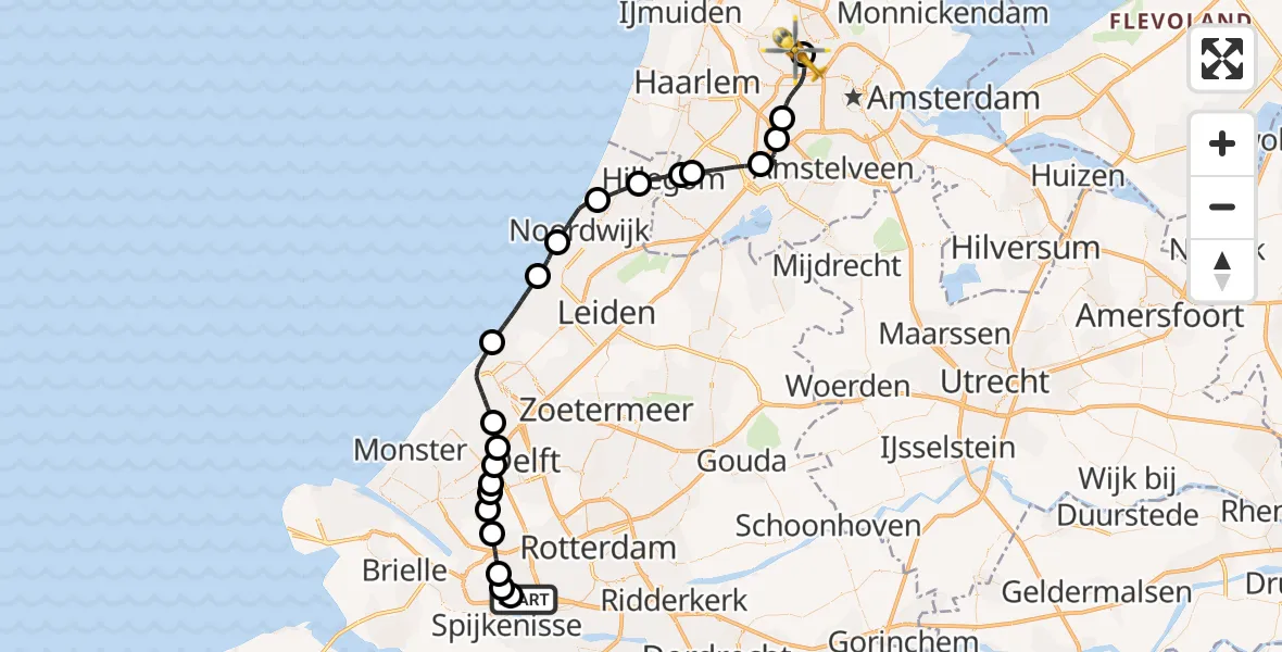 Vluchtroute Traumahelikopter Hoogvliet Rotterdam - Amsterdam Heliport, 09 september 2026, 06:50