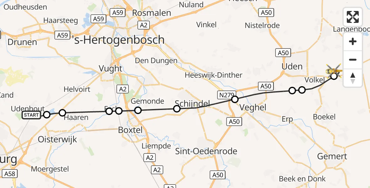 Vluchtroute Traumahelikopter Udenhout - Vliegbasis Volkel, 09 september 2026, 07:08