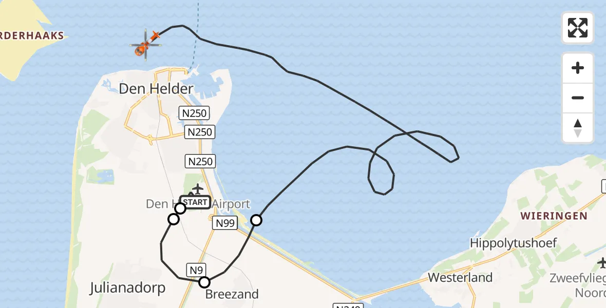 Vluchtroute Kustwachthelikopter Militair vliegveld De Kooy / Den Helder Airport - Waddenzee, 09 september 2026, 07:36
