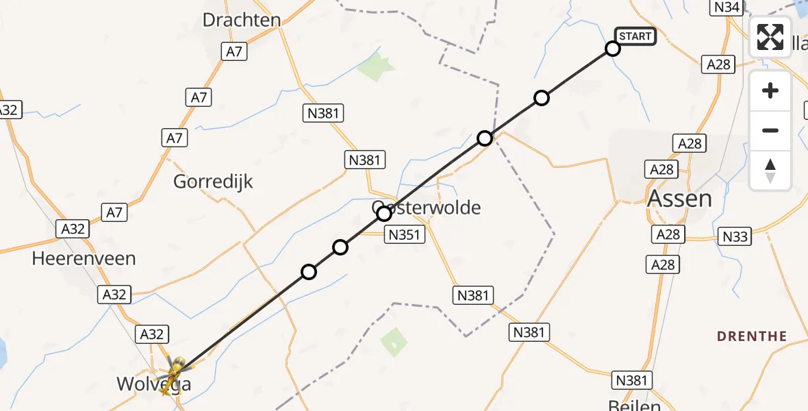 Vluchtroute Traumahelikopter Bunne - Wolvega, 09 september 2026, 13:28