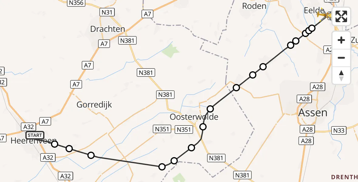 Vluchtroute Traumahelikopter Heerenveen - Groningen Airport Eelde, 09 september 2026, 14:16