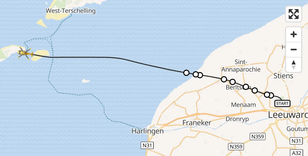 Vluchtroute Ambulancehelikopter Vliegbasis Leeuwarden - Waddenzee, 09 september 2026, 16:04