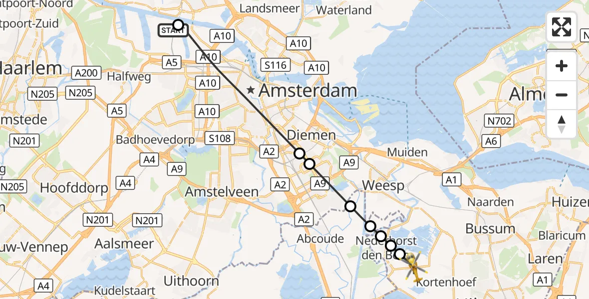 Vluchtroute Traumahelikopter Amsterdam Heliport - Nederhorst den Berg, 09 september 2026, 16:45