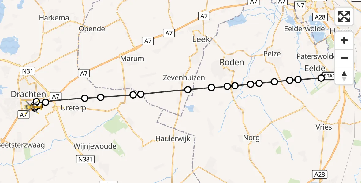 Vluchtroute Traumahelikopter Groningen Airport Eelde - Drachten, 09 september 2026, 20:07