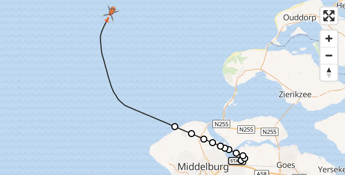 Vluchtroute Kustwachthelikopter Vliegveld Midden-Zeeland - Noordzee, 09 september 2026, 20:14